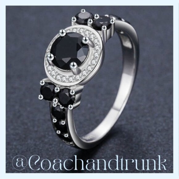 925 Sterling Hallmark Halo & Prong Set Round Beveled White Black Spinel CZ NWT - Picture 3 of 3